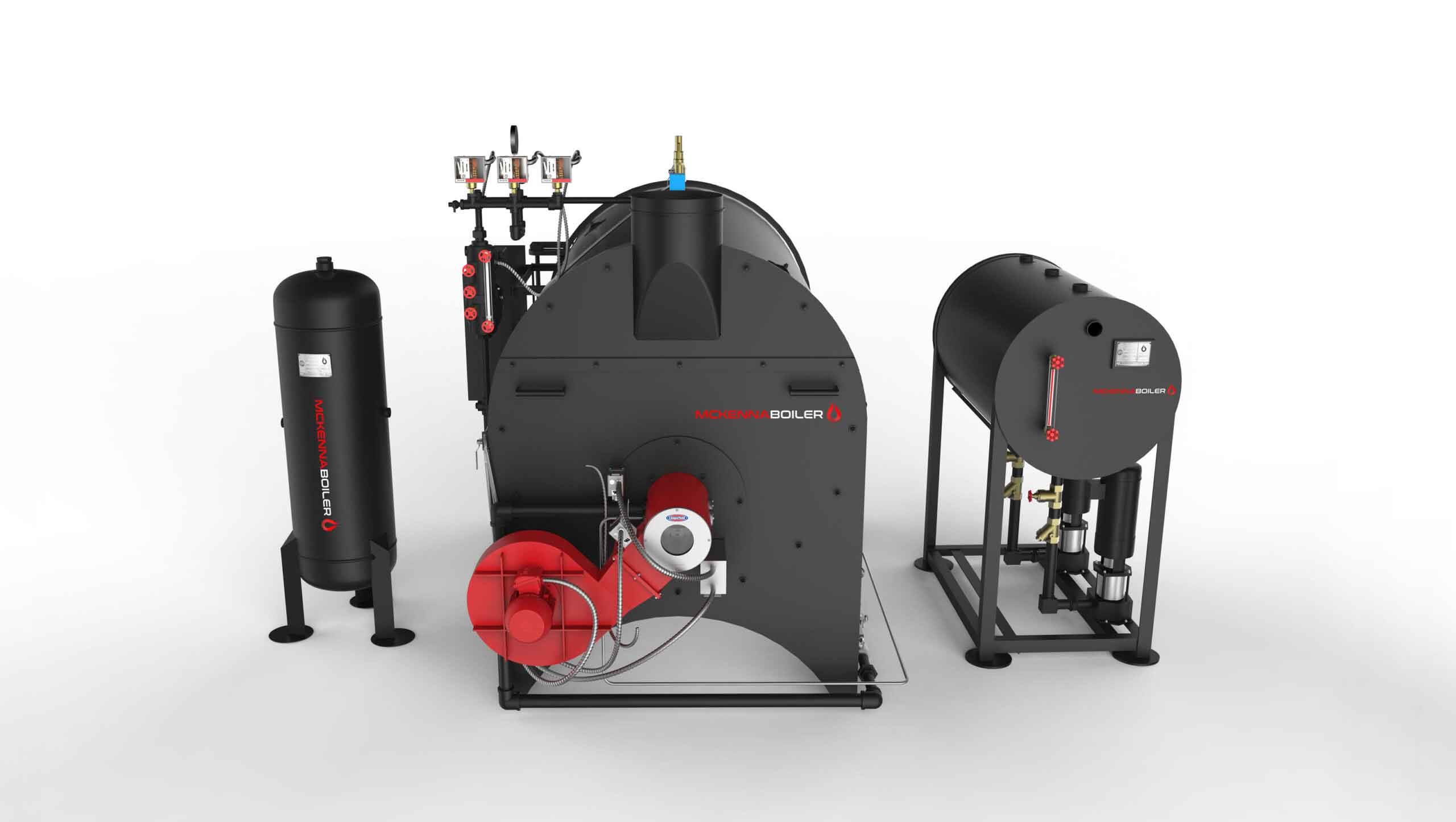 McKenna boiler package with firetube boiler, feedwater tank, and blowdown tank (3D render)